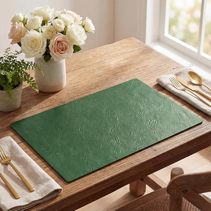 Artoid Mode Green Faux Leather Placemats Set of 6, 12x18 Inch Waterproof Wipeable Heat Resistant Vinyl Place Mats, Reversible Table Mats for St. Patrick's Day Dining Decor
