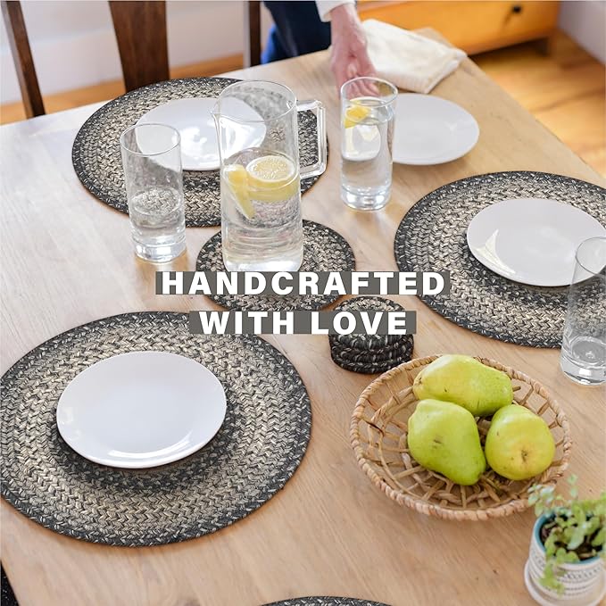 Homespice Flint Hill Jute Woven Round Placemats Set of 6, 15", Warm Primitive Decor, Grey Table Mats - Vibrant Colors, Durable, Easy to Clean and Protects Furniture