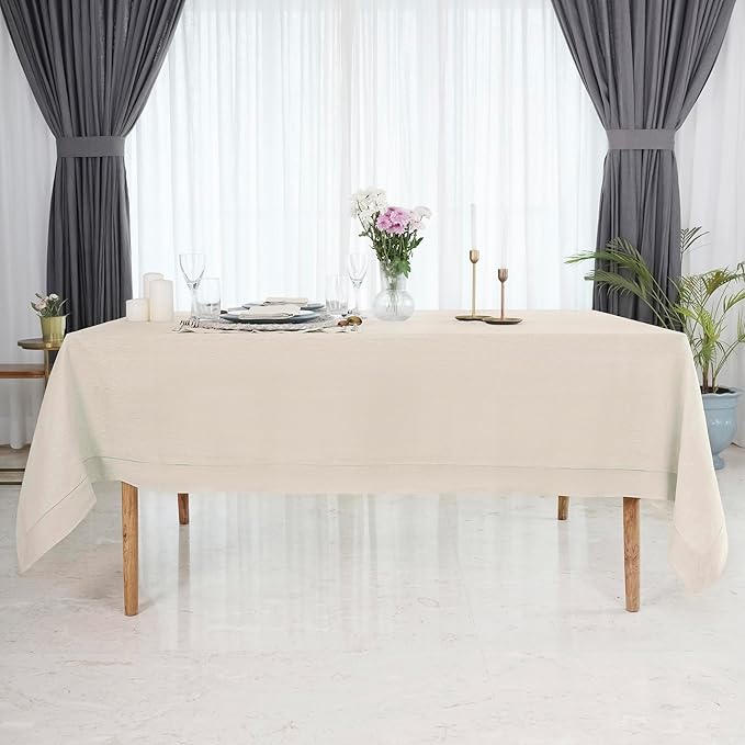 D'Moksha Homes Light Natural Linen Tablecloth 60 x 156 Inch - 100% Pure Linen Natural Tablecloth for Rectangle Tables - Classic Hemstitch, Machine Washable Table Cloth for Valentines, Spring, Easter