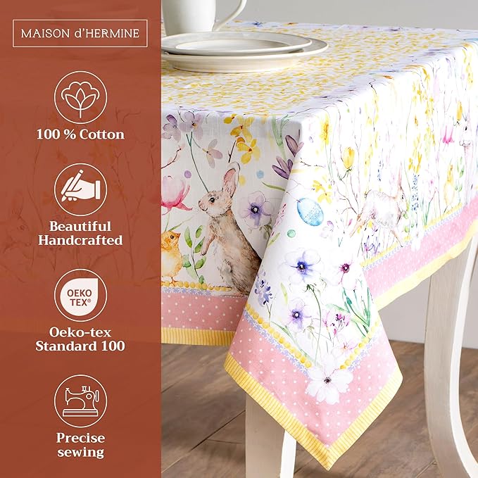 Maison d' Hermine Table Cloth Rectangle Table 100% Cotton 70 x 140 Inches Tablecloth Reusable Decorative for Dining Room Farmhouse Home Valentines Day Decorations Spring Summer - Easter Zest