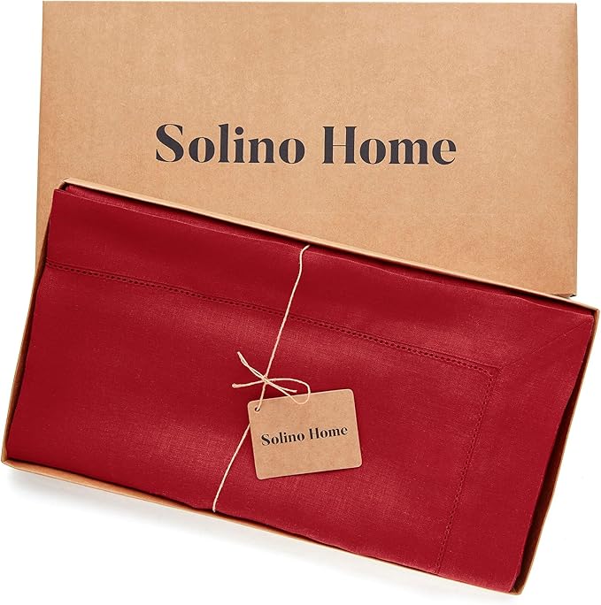 Solino Home Linen Tablecloth 60 x 120 Inch - Classic Hemstitch 100% Pure Linen Red Table Cloth for Rectangle Tables - Machine Washable Tablecloth for Valentines, Winter