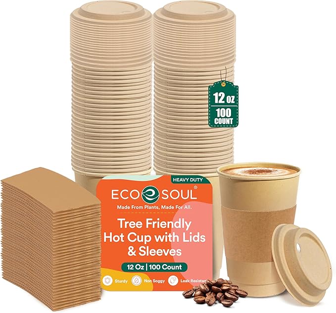 ECO SOUL 100 Pack 12 oz Disposable Coffee Cups with Lids & Sleeves Eco-Friendly, Biodegradable, Compostable, Leak-free & Sturdy To Go Hot Drink Cup for Tea, Chocolate Party Travel Cafe Office & Home