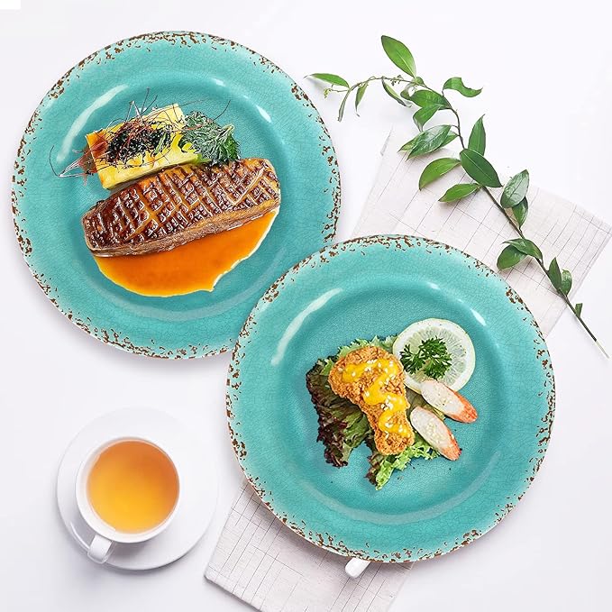 Gourmet Art Crackle 10 Inch Melamine Dinner Plates Set of 6 Aquamarine