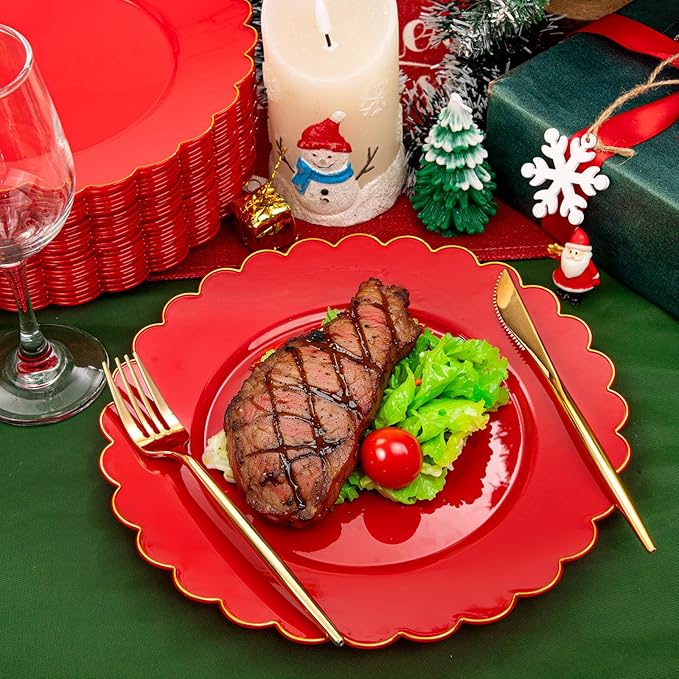 SUT 72 Pcs Red Plates Disposable, Red Plastic Plates With Gold Trim, 10.25 Inch red Dinner Plates, Fancy Plastic plates, plates Disposable Heavy Duty for Wedding, Parties