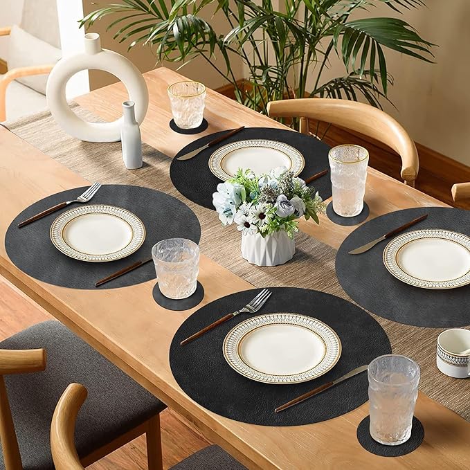 Round Placemats and Coasters Set of 6, Washable Reversible Faux Leather Placemats Cowhide Pattern Place Mats Wipeable Non-Slip 15 inch Round Kitchen Dining Table Mats (Gray Black, 6)