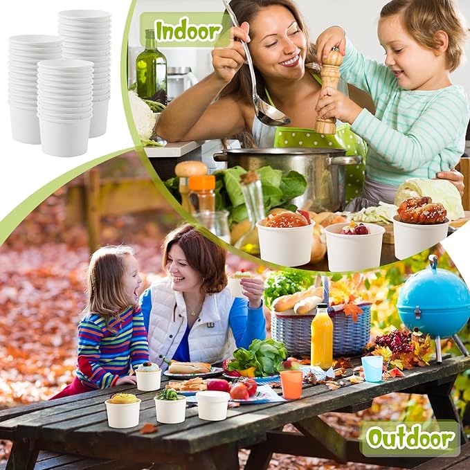 Fulmoon 100 Pack Paper Soup Containers with Lids Disposable Paper Food Containers with Vented Lid Kraft Ice Cream Cake Dessert Cups Soup Bowl for Party Hot Food Fruit Microwave(8 oz,White)