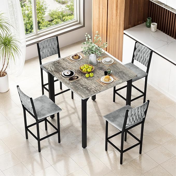 AWQM 5-Piece Dining Table Set, Dining Table Set for 4, Counter Height Table & 4 Velvet Bar Stools, Modern Kitchen Dining Set, Compact Dining Set for Small Spaces (Gray & Velvet Chairs)