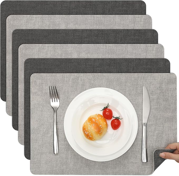Myir JUN Reversible Vinyl Placemats Set of 6, Faux Leather Place Mats Dual Sided Waterproof Oilproof Wipeable, Heat-Resistant Table Mats for Kitchen Dining Indoor Outdoor (12" x 17", Light Gray Gray)