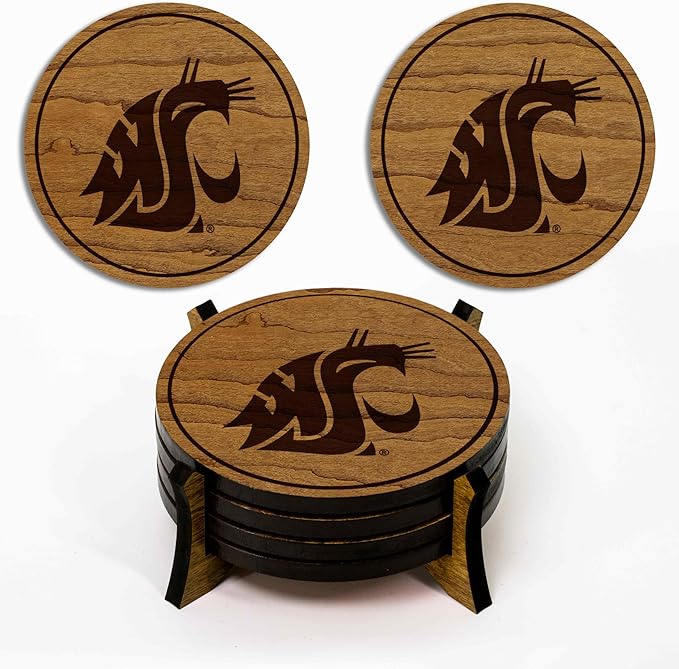 LazerEdge Washington State Cougars Wooden Coaster Set - Cherry Wood - Officially Licensed Product - 4-Pack