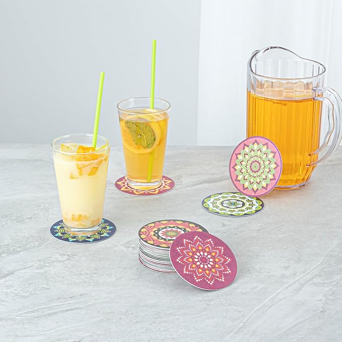 Restaurantware Paper Bar Coasters 480 Count 3.5 Inch Super Absorbent Beverage Coasters Pulpboard Assorted Design Drinkware Coasters Durable Paper Round Assorted