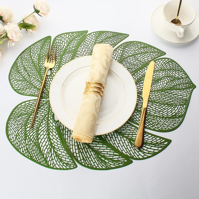 Evevda Green Leaf Shaped Vinyl Placemats for Dinner Table Set of 6 Metallic Plastic Green Place Mats Wipeable 6Pcs Table Mats for Wedding Annersary Dinner Table Decoration Mats(17.7x13.8inch/45x35cm)