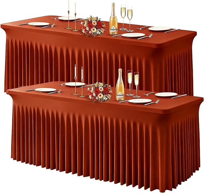 Wish Care 2 Pack Rust Spandex Table Clothes for 4 Foot Rectangle Tables, 4FT Wrinkle Free Fitted Tablecloths Ruffles Design Table Cloth for Party, Banquet, Wedding and Events