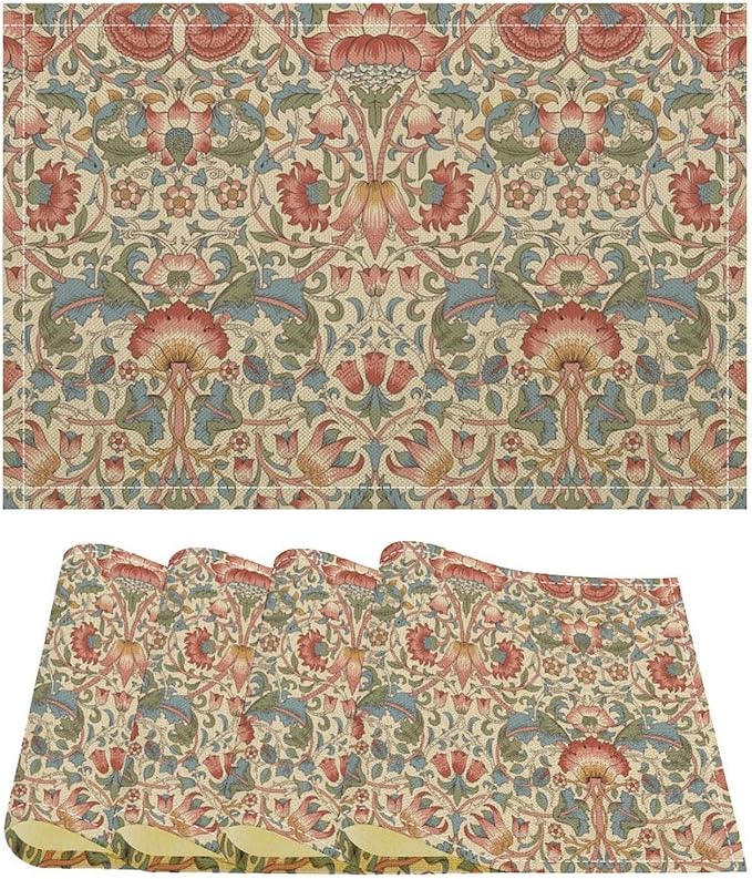 William Morris Placemat Set, Beige Blue Pink Retro Rustic Art Exotic Ethnic Lotus Floral Seamless Pattern Home Decor Linen Table Mats for Dining Room Kitchen Party (17x12in) x4P