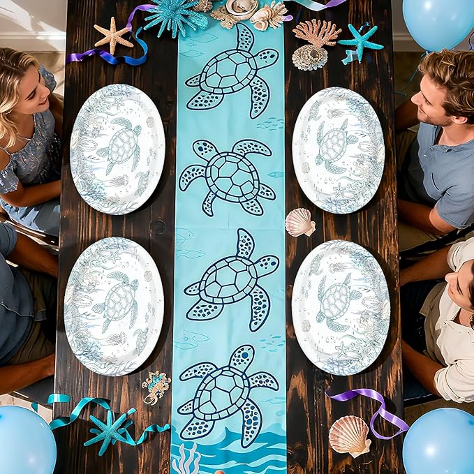 50 Pcs Coastal Turtle Oval Paper Plates 10" x 12" Large Heavy Duty Disposable Ocean Green Sea Turtles Plates Coral Starfish Platters for Coastal Summer Birthday Picnic Party Decorations
