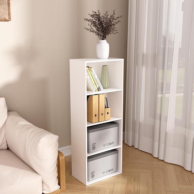 Wooden 4 Cube Storage Organizer, 4 Tier Tall Modern Bookshelf Freestanding Storage Display Organizer, Versatile Cubes Shelf and Cubby Unit for Living Room, Bedroom, Home Office 15.7inch