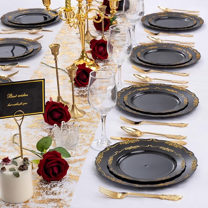 DaYammi 150Pcs Black Gold Plastic Plates & Plastic Silverware,Black Disposable Plates for Party Include 30 Dinner Plate,30 Dessert Plate,30 Knives,30 Forks,30 Spoons,black plates for Party Wedding
