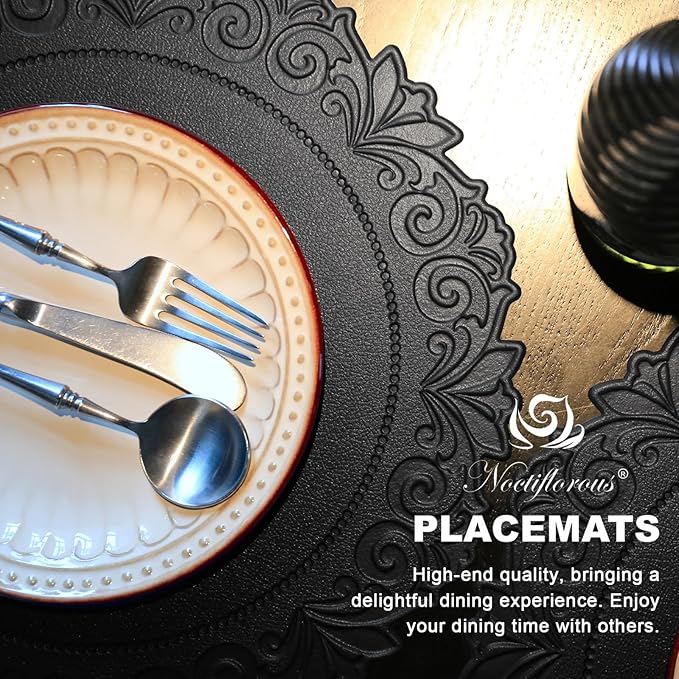 Noctiflorous Round Faux Leather 15 Inch Placemats Set of 6 Waterproof Wipeable Heat Resistant Tablemat for Dining Table Kitchen Non Slip Washable Oilproof Table Place Mat for Indoor Outdoor(Black, 6)