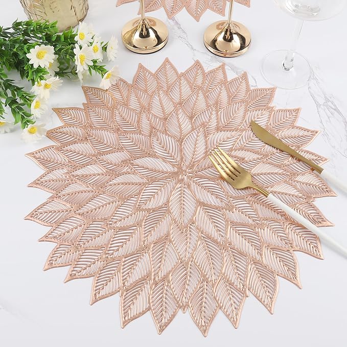 Placemats Set of 4, Round Hollow Out Flowers Place Mats for Dining Table Pressed Vinyl Blooming Leaf Table Mats for Holiday Party Wedding Accent Centerpiece Dinner Table Decoration (Rose Gold)