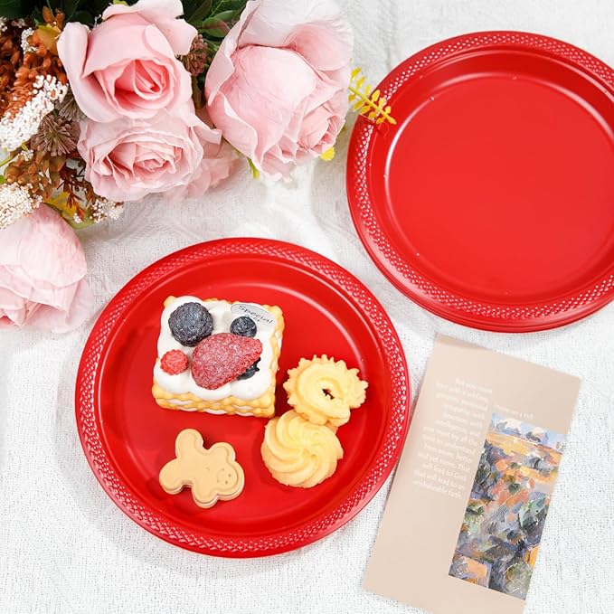 WELLIFE 7 Inch Red Dessert Plates 150 Count, Red Plastic Disposable Party Plates for Dessert Cake Appetizers Salad Easter Mother's Day