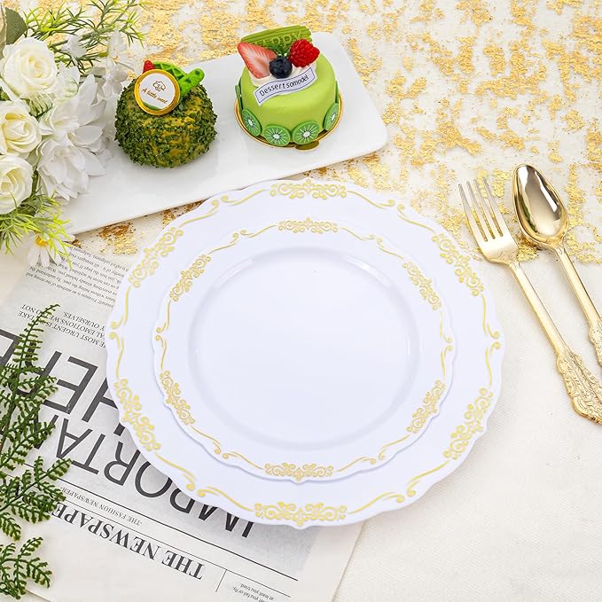 DaYammi 150Pcs White Gold Plastic Plates & Plastic Silverware, Gold Disposable Plates for Party Include 30 Dinner Plate, 30 Dessert Plate, 30 Knives, 30 Forks, 30 Spoons for Party Wedding