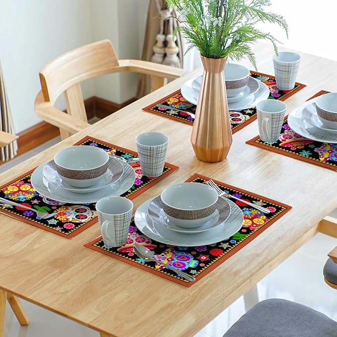 Mexican Placemats Set of 4 - Colorful Floral Skull Table Place Mats 12x18 for Indoor Outdoor Kitchen Dining Table