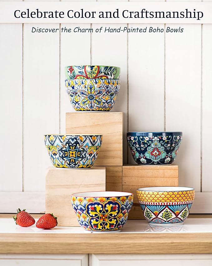 HENXFEN LEAD Bouillon Cups 8 Oz, Small Bowls for Dessert, Yogurt, Dips, Ice Cream, Dipping Sauce Bowls Set of 6, Microwave & Dishwasher Safe – Bohemian Style