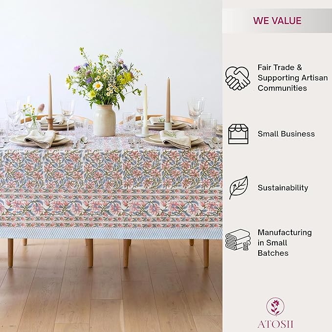 ATOSII Kalina 100% Cotton Square Tablecloth, Handblock Floral Print Linen Table Cloth for Kitchen I Dining Table I Tabletop I Parties I Wedding I Spring/Summer (60 X 60 Inches)