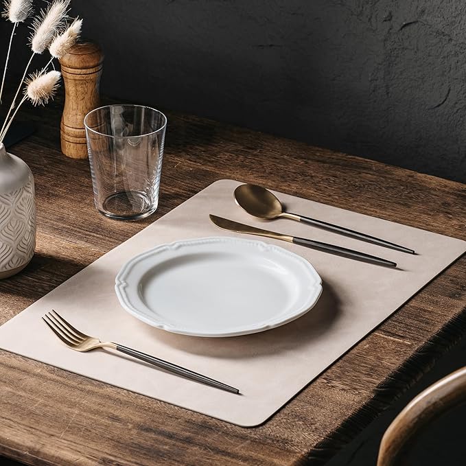 DOLOPL Placemats Set of 6 Reversible Dual-Color Table Placemats – Heat Resistant Wipeable & Washable Place Mats, Luxury Faux Leather Table Mats for Vintage Dining Table Decor (Beige & Light Grey)