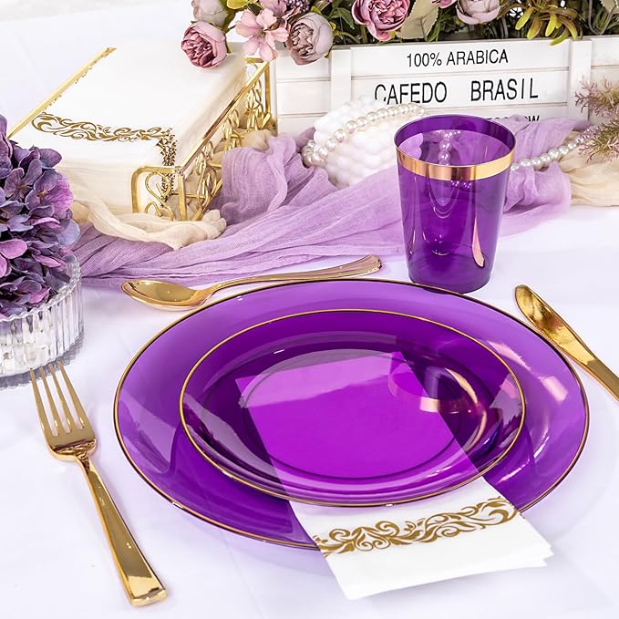 YOUBET 175PCS Purple Plastic Plates - Purple and Gold Disposable Plates Include 50 Plate, 75 Silverware, 25 Cups, 25 Napkins for Wedding & Mardi Gras Party