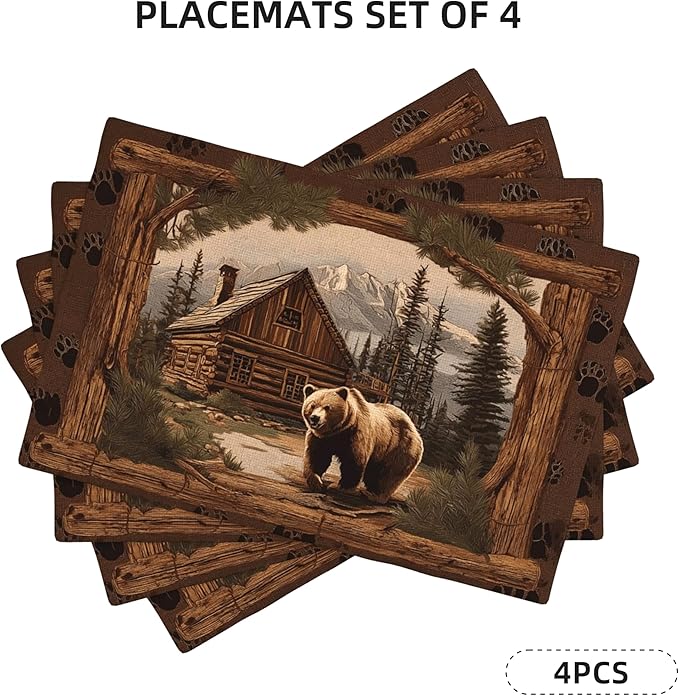 Bear Placemats Set of 4 Washable Table Place Mats for Dining Kitchen Party Decor