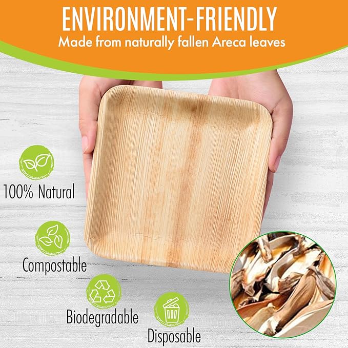 Raj Palm Leaf Plates [50-Pack] 7" Square Plates (4 CASES - 200 PACK) like Bamboo plates Disposable, Strong, Decorative Compostable Tableware for weddings, Lunch, Dinner, Birthday, Camping, Outdoor