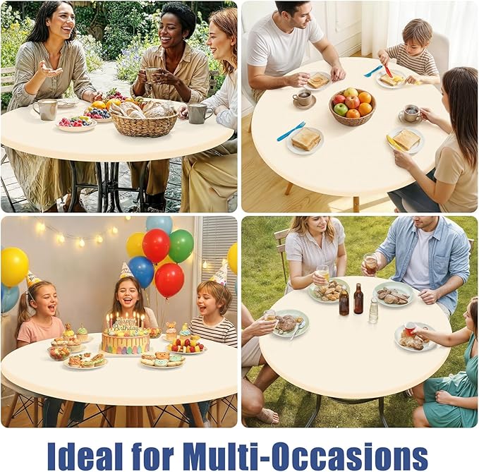 Round Spandex Tablecloth, Elastic Fitted Waterproof Tablecloths for 42"-50" Tables, Stretch Washable Picnic Table Cover for Camping, Dining, Indoor and Outdoor, Beige