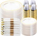 BESTVIP 700PCS Clear Gold Plastic Dinnerware Set for 100 Guests, Disposable Party Plate for Christmas and New Year, Include: 200 Plastic Plates, 100 Pre Rolled Napkins with Silverware, 100 Cups