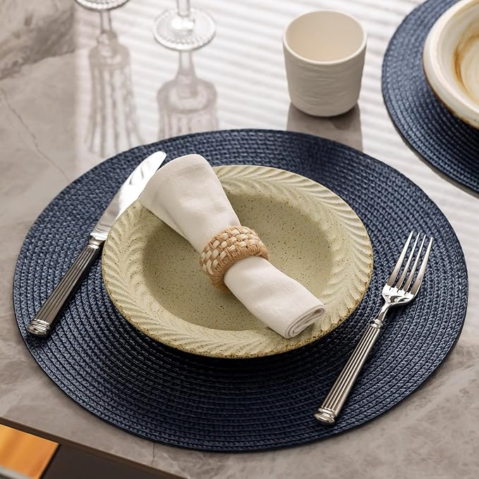 Round Placemats Set of 8 Plastic Woven Placemats Washable Wipeable Table Mats for Dining Table Heat Resistant Non-Slip Circle Place Mats (Navy Blue)