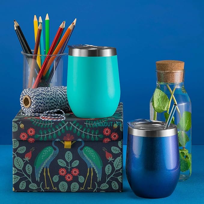 CHILLOUT LIFE 12 oz Stainless Steel Wine Tumbler with Lid - Double Wall Vacuum Insulated Wine Cup Glass Keeping Cold & Hot for Coffee, Champagne, Cocktails, Ice Cream - Powder Coated Aqua Blue