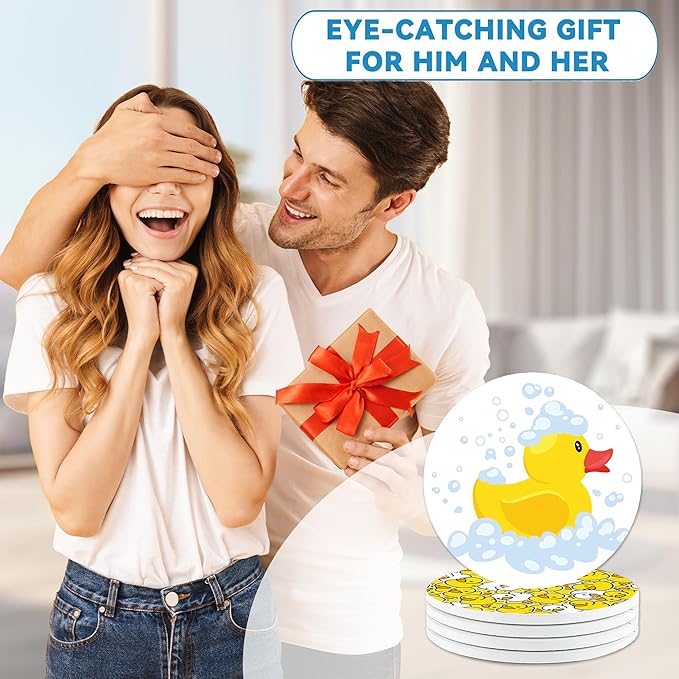 Drinks Coasters Set of 4, Yellow Duck Round 4" Cup Coasters, Absorbent Ceramic Stone Coasters with Cork Base, Cute Coasters for Table Home Décor, Ideal Gifts for Women Men