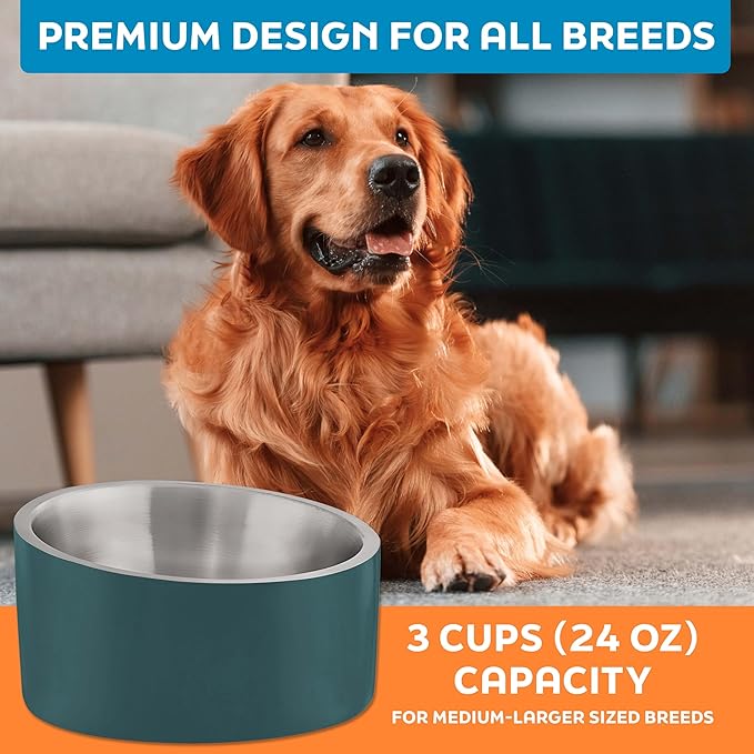 Master Pet Supply Stainless Steel Slanted Dog Cat Food Bowl - 24 oz Heavy Duty - Emerald Sea, Double Wall Insulated, Non-Slip Elevated Bowl for French Bulldogs Pugs Cats, Anti Rust Dishwasher Safe