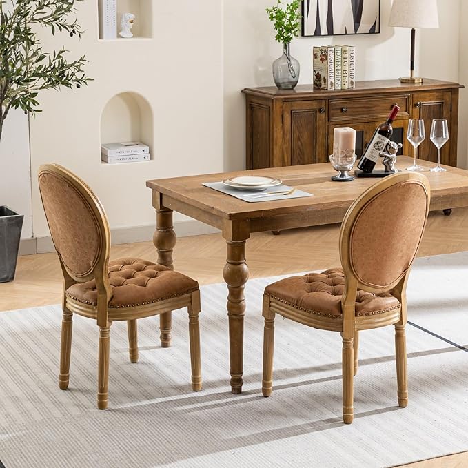 Ball & Cast French Vintage Upholstered Dining Chairs Set of 2, Button Tufted Kitchen Side-Chairs with Carved Antique Wood Frame & Nailhead Trims, PU-Leather Curved Backrest Louis Chair, PU Orange