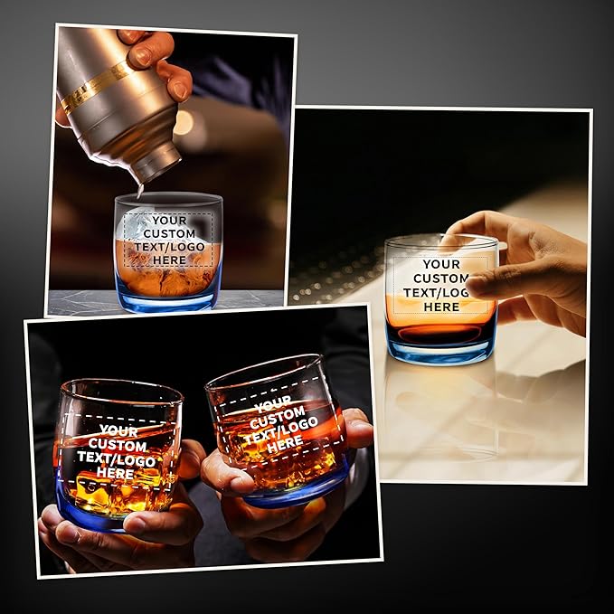 DISCOUNT PROMOS Custom Whiskey Glasses 10 oz Set of 10/50/100, Personalized Bulk Pack - Heavy Base Old Fashioned Glass, Perfect for Scotch, Bourbon, Whiskey, Cocktail - Blue Bottom Color