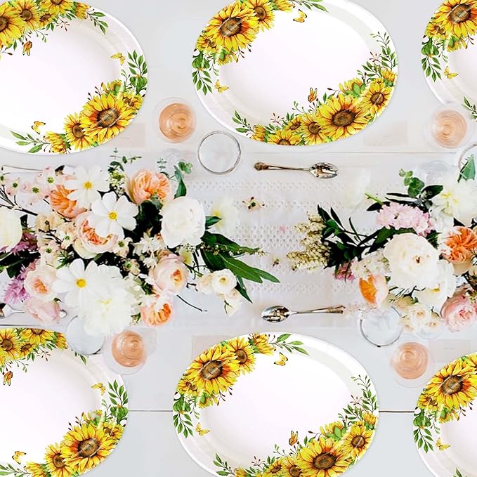 Grencian 50 PCS Sunflower Oval Paper Plates 10" x 12" Heavy Duty Disposable Sunflower Party Plates for Birthday Wedding Bridal Baby Shower Party Decorations