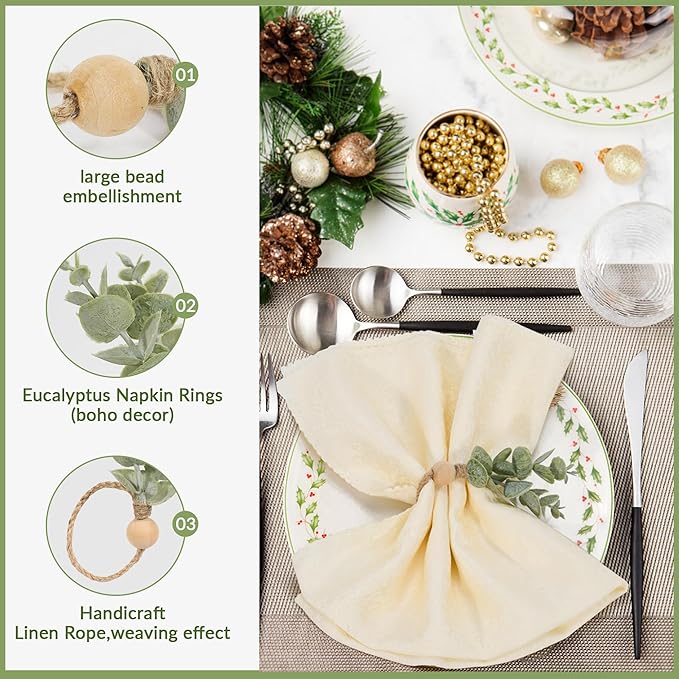 Defined Deco Napkin Rings Set of 6, Boho Green Leaf Napkin Rings for Spring Summer, Thanksgiving Christmas,