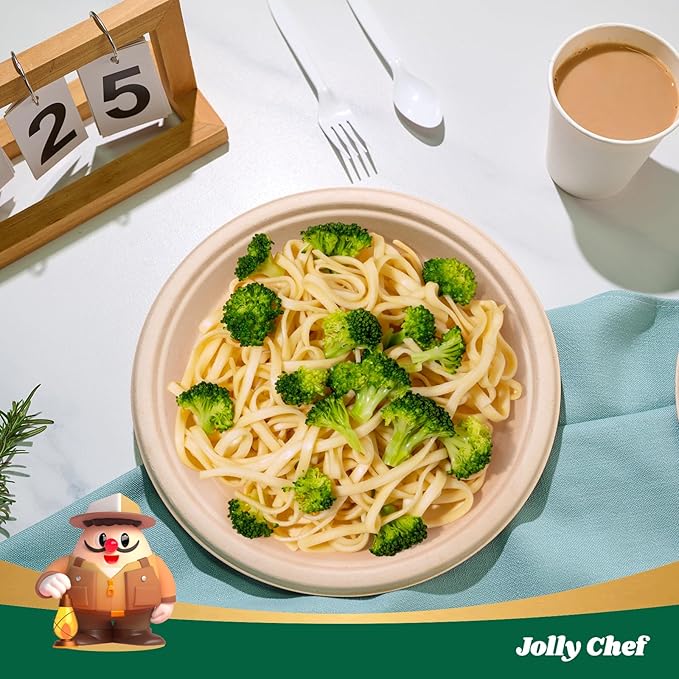 JOLLY CHEF Compostable Heavy Duty Plates 𝟭𝟬 𝗜𝗻𝗰𝗵 [𝟭𝟬𝟬 𝗣𝗮𝗰𝗸] Eco-Friendly Disposable Natural Paper Plate Bagasse Biodegradable Food Trays for Party Dinner Hot Cold Food Christmas (Brown)