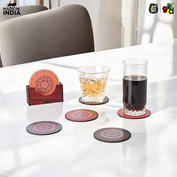 GKD Coaster Set of 6 Beautiful Wooden Coasters with Proper Coaster Stand Designer Set fit for Tea Cups, Coffee Mugs and Glasses (6 pc Round 3.5 x 3.5 inch) Multi Color