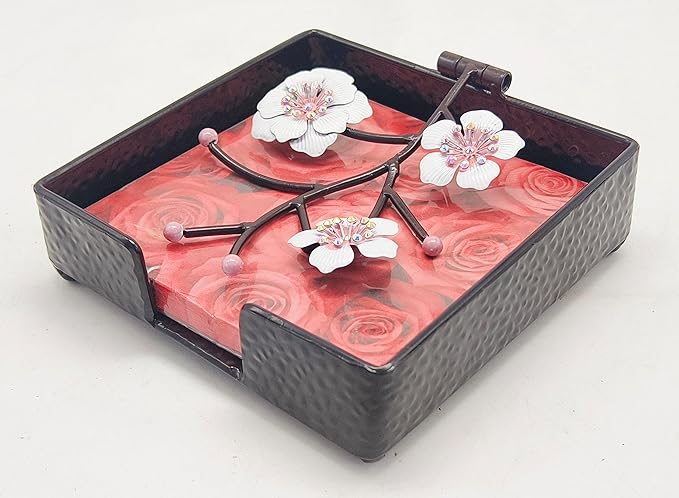 Black Flat Square Napkin Holder with White Pink Orchid Blooms | Orchid Flowers Metal Hinged Weighted Arm | Serviette Paper Hand Towel Storage Caddy Tray Organizer Dispenser | Home Restaurant