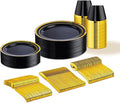 WELLIFE 150 PCS Black and Gold Disposable Dinnerware Set, Plastic Plates for Party, Including 25 Dinner Salad Plates, Cups, Forks Knives Spoons for New Year Party Supplies