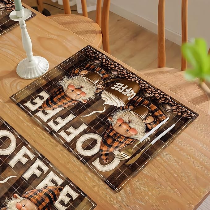 Coffee Gnomes Placemats Set of 6, Cafe Station Table Mats, Washable Place Mats for Coffee Bar Home Party Indoor Kitchen Dining Table Decor 12x18 Inch