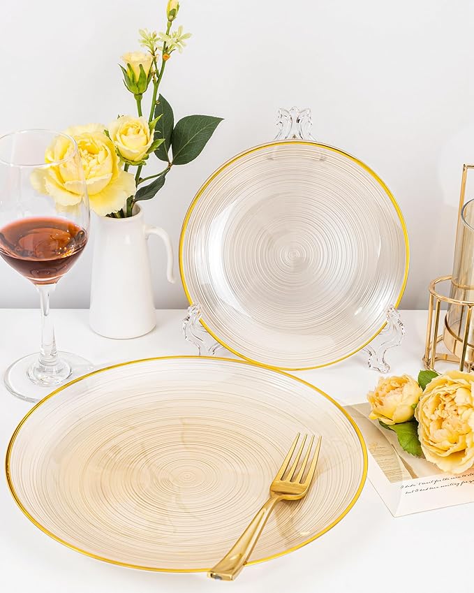 Morejoy 100Pcs Brown Plastic Plates, Clear Coffe Disposable Plates With Gold Rim,Heavy-Duty Brown Plates, Gold Dinnerware Set Include 50 Dessert-plates,50 Dinner-plates for Party & Christmas