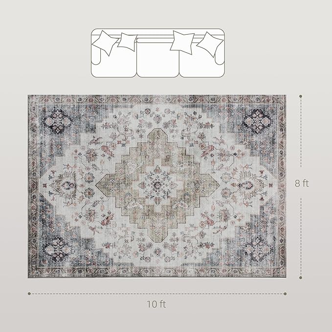 HOMCOM Washable Area Rug, 8'x10' Vintage Indoor Distressed Carpet, Retro Floor Cover Foldable, Floral Print Mat for Living Room, Bedroom, Dining Room, Brown and Green