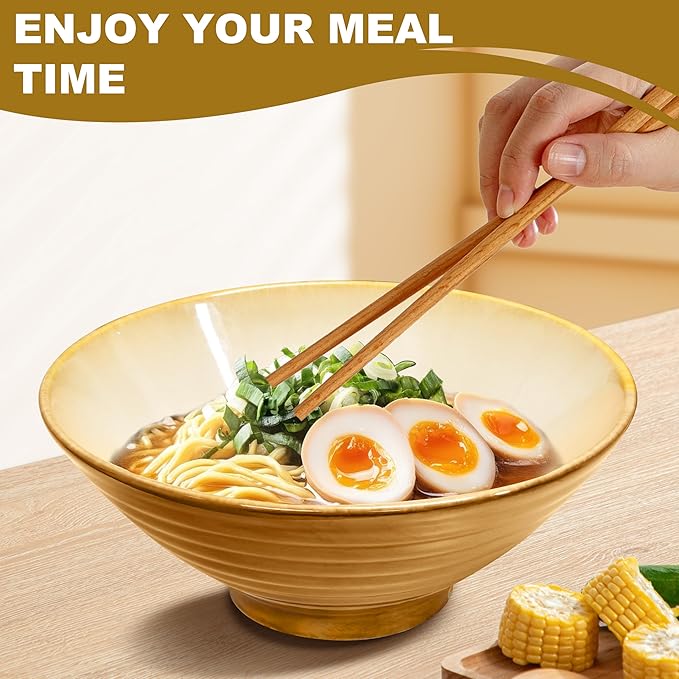 9.4-Inch 2 Sets Ceramic Ramen Bowl (8 Piece) - Japanese Porcelain Dishwasher Microwave Safe Salad Noodles Cereal Pasta Soup Large Bowls with Chopsticks Forks Spoons for Men Women Housewarming Gift