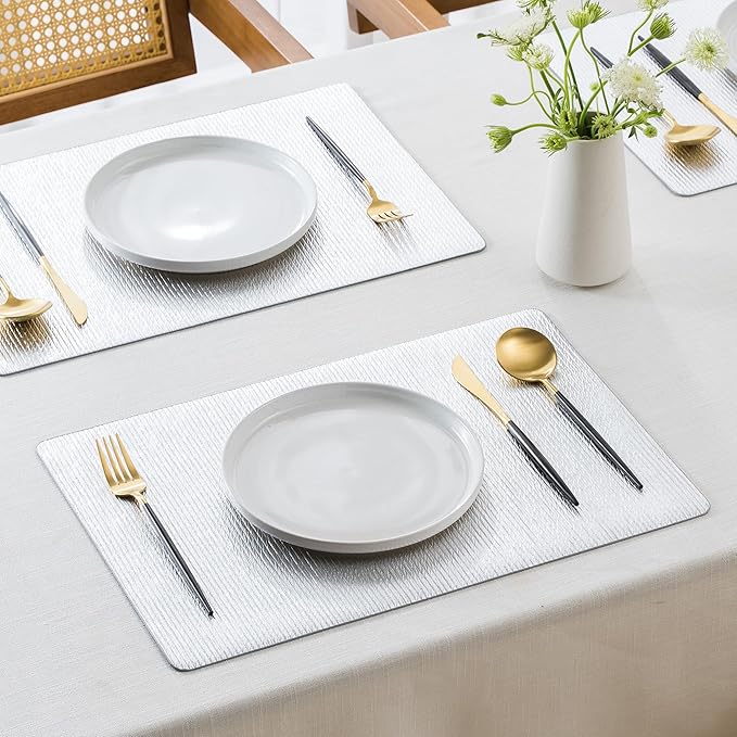Jovono Faux Leather Placemats Set of 6, Waterproof Washable Table Mats, Easy-Clean Heat Resistant Kitchen Vinyl Place Mat for Dining Table, Wedding, Holidays, Indoor, 17.8"x11.8", Silver